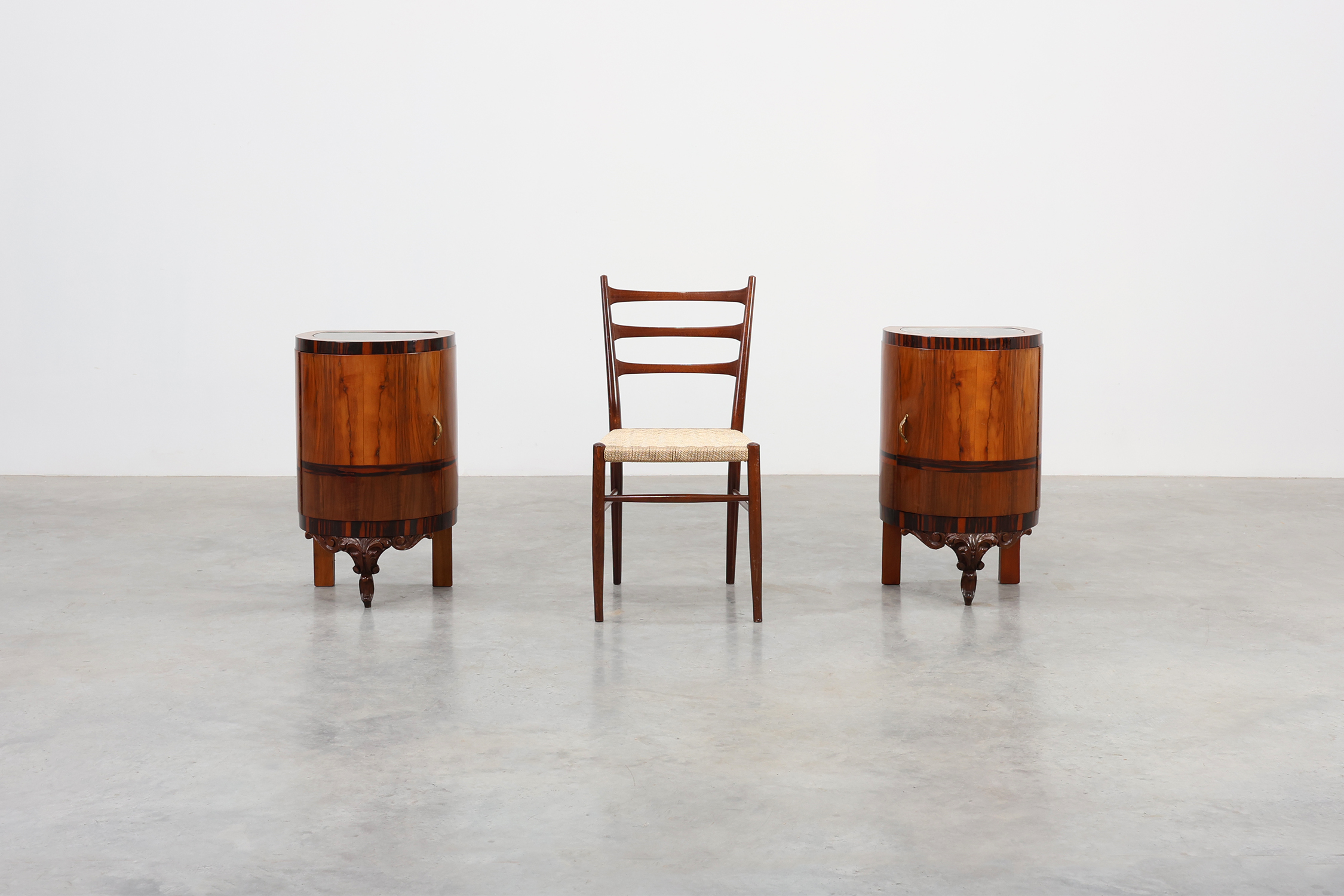 Pair walnut and marble Art Deco Nightstands, Italy 1920sthumbnail